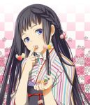  bangs black_hair blue_eyes braid candy checkered checkered_background eating hair_ornament hands japanese_clothes kimono long_hair looking_at_viewer mattaku_mosuke mouth_hold obi original single_braid solo striped sweets 