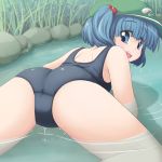  ass back blue_eyes blue_hair hair_bobbles hair_ornament hat kawashiro_nitori looking_back mesou-san one-piece_swimsuit open_mouth school_swimsuit short_hair solo swimsuit touhou twintails water 
