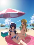  arm_support bare_shoulders barefoot beach beach_umbrella bikini black_hair blue_sky breasts brown_hair cloud flower garters gokou_ruri green_bikini green_eyes hair_flower hair_ornament hairclip highres kotobuki_utage kousaka_kirino long_hair looking_at_viewer looking_back mole multiple_girls navel ocean ore_no_imouto_ga_konna_ni_kawaii_wake_ga_nai purple_eyes sitting sky smile swimsuit umbrella violet_eyes wariza 