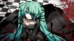  akatsuki_yakyou barbed_wire barbwire chain chains checkered checkered_floor cross dress eyepatch green_eyes green_hair hatsune_miku highres jewelry long_hair necklace solo twintails very_long_hair vocaloid 