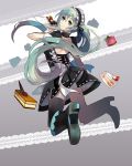  aqua_eyes aqua_hair bad_id boots cake donbou11 food hairband hatsune_miku long_hair looking_at_viewer looking_back pastry plate smile solo thigh-highs thighhighs twintails very_long_hair vocaloid waitress zettai_ryouiki 