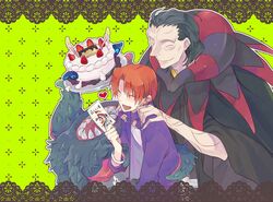  ^_^ bendan-daizi birthday birthday_card blush cake card caster_(fate/zero) closed_eyes command_spell doily eyes_closed fate/zero fate_(series) food green_background hands_on_shoulders heart highres jacket jewelry male monster multiple_boys purple_jacket ring robe tentacle tentacles uryuu_ryuunosuke 