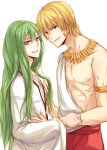  androgynous bracelet earrings enkidu_(fate/strange_fake) fate/strange_fake fate/zero fate_(series) gilgamesh green_hair grey_eyes holding_hair jewelry long_hair male multiple_boys nebo+ necklace red_eyes shirtless toga white_background 