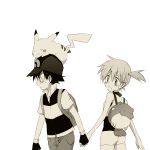  1boy 1girl backpack bad_id bag black_hair blush child closed_eyes fingerless_gloves gloves hand_holding hat holding_hands kasumi_(pokemon) kasumi_(pokemon_ag) monochrome ochappa on_head open_mouth pikachu pokemon pokemon_(anime) pokemon_(creature) popped_collar randoseru satoshi_(pokemon) side_ponytail simple_background spheal sweatdrop tsundere white_background 