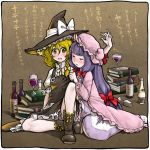  blonde_hair book boots bottle bow braid closed_eyes crescent cup drunk eyes_closed hair_bow hair_ribbon hat highres kirisame_marisa long_hair mukyuu multiple_girls nobuya open_mouth patchouli_knowledge purple_hair ribbon touhou translated translation_request wine wine_glass witch witch_hat yellow_eyes yuri 
