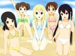  arm_up bare_shoulders bikini black_hair blonde_hair blue_eyes breasts brown_eyes brown_hair casual_one-piece_swimsuit cleavage giritaso highres hirasawa_ui k-on! kneeling long_hair looking_at_viewer multiple_girls nakano_azusa navel no_glasses okuda_nao one-piece_swimsuit open_mouth polka_dot polka_dot_bikini polka_dot_swimsuit saitou_sumire short_hair sitting suzuki_jun swimsuit twintails v v_arms wariza yokozuwari 