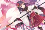  bell black_hair black_legwear cherry_blossoms dutch_angle flower hair_flower hair_ornament hakama_skirt hao_(patinnko) highres horns inu_x_boku_ss japanese_clothes miko naginata polearm purple_eyes rope scarf shirakiin_ririchiyo side_slit skirt solo thigh-highs thighhighs vambraces violet_eyes weapon 