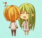  ^_^ animated animated_gif aqua_background blonde_hair chibi closed_eyes earrings enkidu_(fate/strange_fake) eyes_closed fate/strange_fake fate/zero fate_(series) gilgamesh green_hair heart jewelry long_hair lowres luperce male multiple_boys musical_note necklace robe short_hair slapping 
