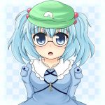  b.leaf bespectacled blue_eyes blue_hair breasts dress glasses hair_bobbles hair_ornament hat kawashiro_nitori key open_mouth pince-nez short_hair solo touhou twintails 