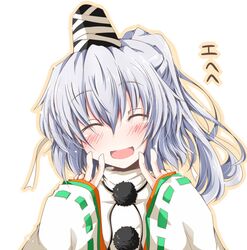  blush bust chatamaru_(irori_sabou) closed_eyes double_v gesture hat japanese_clothes kariginu mononobe_no_futo pom_pom_(clothes) pom_pom_(clothing) ponytail short_hair silver_hair smile solo tate_eboshi touhou tyata-maru v 