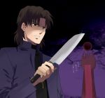  bangs brown_eyes brown_hair butcher_knife carnival_phantasm cassock coat cross cross_necklace fate/stay_night fate_(series) grail-kun izru jewelry kotomine_kirei male necklace parted_bangs shaded_face 