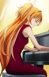  armpits back blue_eyes dress from_below grand_piano haruyama houjou_hibiki instrument light_smile long_hair orange_hair performing piano playing_instrument precure profile red_dress sitting sleeveless sleeveless_dress solo spotlight suite_precure two_side_up 