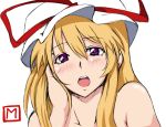  blonde_hair blush hand_on_another's_cheek hand_on_own_cheek hat long_hair looking_at_viewer m-eiji open_mouth purple_eyes signature simple_background solo touhou violet_eyes yakumo_yukari 
