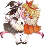  alternate_hairstyle apron ascot black_gloves black_hair blonde_hair bobby_socks bow brown_eyes cosplay costume_switch detached_sleeves fingerless_gloves footwear frills gloves hair_bow hair_tubes hakurei_reimu hakurei_reimu_(cosplay) hand_holding hat hat_bow holding_hands kirisame_marisa kirisame_marisa_(cosplay) long_hair mam233 miko multiple_girls ponytail puffy_sleeves short_ponytail short_sleeves simple_background skirt socks touhou vest waist_apron white_background white_legwear witch witch_hat yellow_eyes 