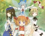  ;) blonde_hair blue_eyes blue_hair bow brown_hair cirno dress drill_hair fang gap hair_bow hat kamome202 kedama kyubey long_hair luna_child mahou_shoujo_madoka_magica multiple_girls open_mouth orange_hair outstretched_arms parody purple_eyes red_eyes ribbon short_hair smile star_sapphire style_parody sunny_milk touhou twintails violet_eyes what_if wings wink yellow_eyes 