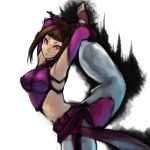  arched_back armpits arms_behind_head baggy_pants bare_shoulders barefoot breasts brown_hair capcom crop_top elbow_gloves feet flexible gloves halter_top halterneck han_juri large_breasts midriff nyantiu purple_eyes solo standing_on_one_leg street_fighter street_fighter_iv stretch super_street_fighter_iv toeless_socks toes twintails violet_eyes 