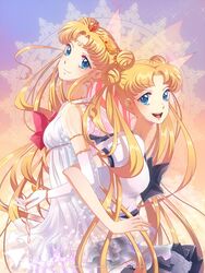  1girl adapted_costume alternate_hairstyle back-to-back bishoujo_senshi_sailor_moon blonde_hair blue_eyes bow bracelet crescent double_bun dress dual_persona facial_mark forehead_mark gradient gradient_background highres jewelry kaminary locked_arms long_hair multiple_girls purple_background ribbon sailor_moon school_uniform smile tiara tsukino_usagi twintails watermark web_address yellow_background 