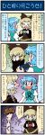  4koma artist_self-insert blonde_hair blue_eyes blue_hair bow brown_dress brown_eyes closed_eyes comic dress eyes_closed gaming hair_bow heterochromia highres kurodani_yamame mizuki_hitoshi multiple_girls open_mouth playing_games playstation_portable real_life_insert red_eyes shirt smile tatara_kogasa tears touhou translated translation_request vest 