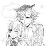  1boy 1girl animal_ears biting blush cat_ears chihiro_(onigiri) ear_biting extra_ears kemonomimi_mode lowres nanami_haruka open_mouth paw_print short_hair simple_background tears uta_no_prince-sama white_background wink 