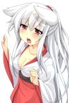  animal_ears arms_up blush breasts cleavage fox_ears hair_ribbon highres japanese_clothes long_hair miko open_mouth original oruton ponytail red_eyes ribbon sash shi-chan_(oruton) silver_hair solo tears 