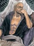  arisue_kanako blonde_hair facial_hair glasses hammock hand_on_another&#039;s_face hand_on_another's_face hand_on_own_face male map muscle one_piece open_clothes open_mouth open_shirt reading sash serious silvers_rayleigh solo 