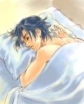  bed bed_sheet blue_hair earrings guragief jewelry male nishida_asako pillow simoun sleeping solo 