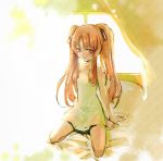 ano_natsu_de_matteru arm_support bare_shoulders barefoot bow_(artist) bow_(bhp) brown_eyes brown_hair casual dress flat_chest light_smile long_hair looking_at_viewer on_bed sitting solo sundress twintails wariza window yamano_remon 