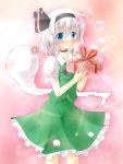  1girl blush ghost hair_ribbon highres konpaku_youmu konpaku_youmu_(ghost) ribbon short_hair silver_hair skirt solo touhou yurume_atsushi 