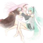  aqua_eyes aqua_hair barefoot hatsune_miku hijikini megurine_luka multiple_girls pink_hair sketch smile vocaloid yuri 