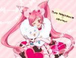  character_name creature cure_honey_dream double_bun dress frills galibo gloves long_hair magical_girl original original_precure pink_background pink_eyes pink_hair precure smile solo twintails wink 