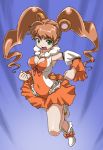  animal_ears bear_ears bear_tail blue_background brown_hair cleavage_cutout detached_sleeves dress green_eyes heart heart_cleavage_cutout heart_cutout long_hair orange_dress original precure rohitsuka shoes skirt smile solo tail twintails 