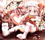  alternate_wings arm_ribbon bad_id blonde_hair blush chocolate emia flandre_scarlet food food_on_face hat hat_ribbon heart heart_pillow heart_wings lying no_shoes on_back open_mouth pillow red_eyes ribbon shirt short_hair side_ponytail skirt solo stuffed_animal stuffed_toy teddy_bear the_embodiment_of_scarlet_devil tongue tongue_out touhou upshirt wings wrist_ribbon 