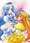  blue_dress blue_eyes blue_hair bow bubble_skirt choker circlet cure_marine cure_muse cure_muse_(yellow) dress frills hair_ornament hair_ribbon hairpin hand_holding heartcatch_precure! highres holding_hands kneeling kurumi_erika long_hair magical_girl multiple_girls orange_hair pink_background pink_eyes precure puffy_sleeves ribbon satogo shirabe_ako smile suite_precure yellow_dress 