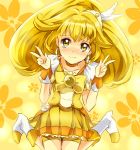  bike_shorts blonde_hair blush boots bow choker cure_peace double_v dress earrings floral_background hair_ornament jewelry kise_yayoi long_hair magical_girl maruki_(punchiki) precure punchiki shorts_under_skirt skirt smile_precure! solo tears v wrist_cuffs yellow yellow_background yellow_dress yellow_eyes 
