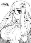  adjusting_glasses bespectacled breasts bust crescent glasses hair_ribbon large_breasts long_hair monochrome namidame no_hat no_headwear patchouli_knowledge ribbed_sweater ribbon solo sweater touhou 
