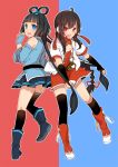  ahoge bad_id bare_shoulders belt black_hair blue_eyes boots bow braid fingerless_gloves gloves hair_bow hair_pull hair_ribbon ling_caiyin long_hair looking_at_viewer luo_tianyi mia0309 mismatched_legwear multiple_girls open_mouth pulling_hair red_eyes ribbon singke_sock single_sock single_thighhigh skirt smile socks thigh-highs thighhighs twintails vocaloid yayin_gongyu yuezheng_ling 