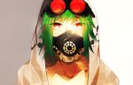  collar collarbone face gas_mask goggles goggles_on_head green_hair gumi highres hoodie kyama looking_at_viewer portrait red_eyes short_hair solo vocaloid 