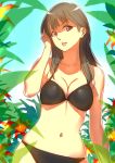  adjusting_hair bikini breasts brown_hair cleavage highres leaf long_hair naav navel original purple_eyes skindentation solo swimsuit violet_eyes 