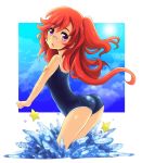  ano_natsu_de_matteru arched_back ass bare_shoulders drpow glasses long_hair looking_back one-piece_swimsuit one_side_up open_mouth purple_eyes red_hair redhead school_swimsuit solo star swimsuit takatsuki_ichika tom_(drpow) violet_eyes wading water 