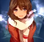  bangs breath brown_hair bust coat face light_particles long_hair looking_at_viewer open_mouth original purple_eyes rough scarf smile solo tan_(tangent) violet_eyes wavy_hair winter_clothes 