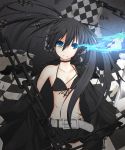 absurdres belt bikini_top black_hair black_rock_shooter black_rock_shooter_(character) blue_eyes chain chains checkered coat glowing glowing_eyes highres long_hair looking_at_viewer midriff moimoi0224 navel scar short_shorts shorts solo twintails 