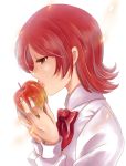  apple bow fate/zero fate_(series) fingernails food fruit kiss lips profile red_eyes red_hair redhead rokic short_hair sola-ui_nuada-re_sophia-ri solo 