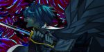  armband bad_id blood bloody_tears blue_eyes blue_hair cape gloves highres magical_girl mahou_shoujo_madoka_magica miki_sayaka negito_kimidori open_mouth short_hair solo sword weapon witch&#039;s_labyrinth witch's_labyrinth 