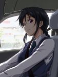  1girl black_hair braid fukuro_ooji kobayakawa_miyuki long_hair looking_at_viewer necktie seatbelt sitting smile uniform vest violet_eyes you&#039;re_under_arrest 