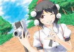  1girl black_hair camera finger_to_mouth hat red_eyes shameimaru_aya short_hair solo tokin_hat touhou vent_arbre wink 