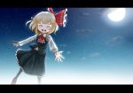  black_legwear blonde_hair bow closed_eyes cloud eyes_closed hair_bow highres letterboxed moon night night_sky outstretched_hand roco_(katsuya1011) rumia short_hair sky smile solo star star_(sky) the_embodiment_of_scarlet_devil touhou youkai 
