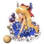  ball belt blonde_hair blush bow chain chains cuffs excel_(shena) fangs gourd hair_bow highres horn_ribbon horns ibuki_suika long_hair looking_at_viewer ofuda open_mouth red_eyes ribbon shackle shirt sitting skirt sleeveless sleeveless_shirt solo touhou wrist_cuffs wrist_ribbon 