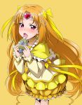  blush bow bubble_skirt choker circlet cure_muse cure_muse_(yellow) dress frills hair_bow heart licking long_hair open_mouth orange_hair precure purple_eyes shirabe_ako simple_background solo suite_precure tongue very_long_hair violet_eyes yellow yellow_background yellow_dress youkan 