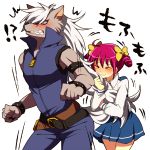  1boy 1girl akasata angry belt blush clenched_teeth closed_eyes eyes_closed height_difference hoshizora_miyuki long_hair pants pink_hair precure school_uniform short_hair short_twintails smile smile_precure! twintails werewolf white_background white_hair wolfrun 