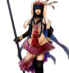  blue_hair brown_eyes copyright_request fur furs gloves lips long_hair skirt snail8 solo tribal tribal_wear video_game weapon 